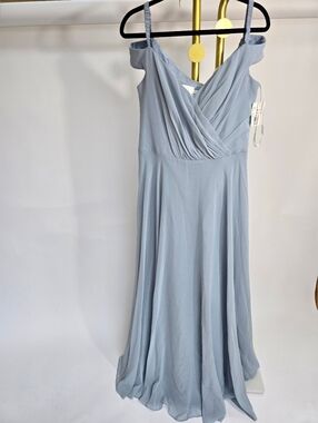 David's Bridal Flowy Light Dusty Blue Off-Shoulder Draped Maxi Dress 14